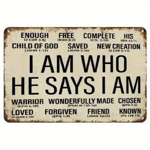 1Pc "I AM WHO HE SAYS I AM" Christian Metal Sign, 2D Flat Safe Tin Wall Decor with Bible Verses, Rustic Distressed Home Plaque, Religious Gift for Adults, Durable Office Mural, Aesthetic Bedroom Ornament
