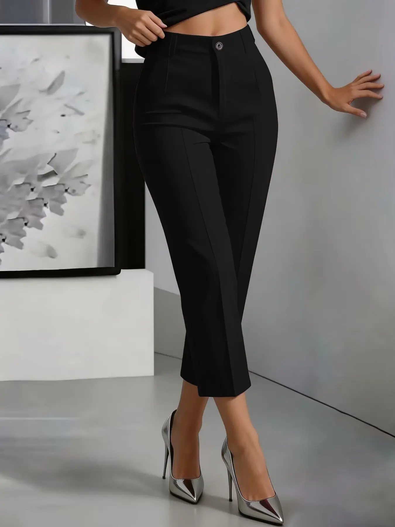 Women's High-Waisted Straight Leg Office Pants, Slim-Fitting Solid Color, All-Season Nine-Inch Suit Trousers, Simple and Elegant Minimalist Aesthetic Design