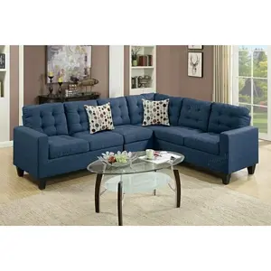 Poundex F6938 4 pc Navy Polyfiber Faux Linen Fabric Modular Sectional Sofa with Tufted Seat and Back for Modern Living Room Comfort