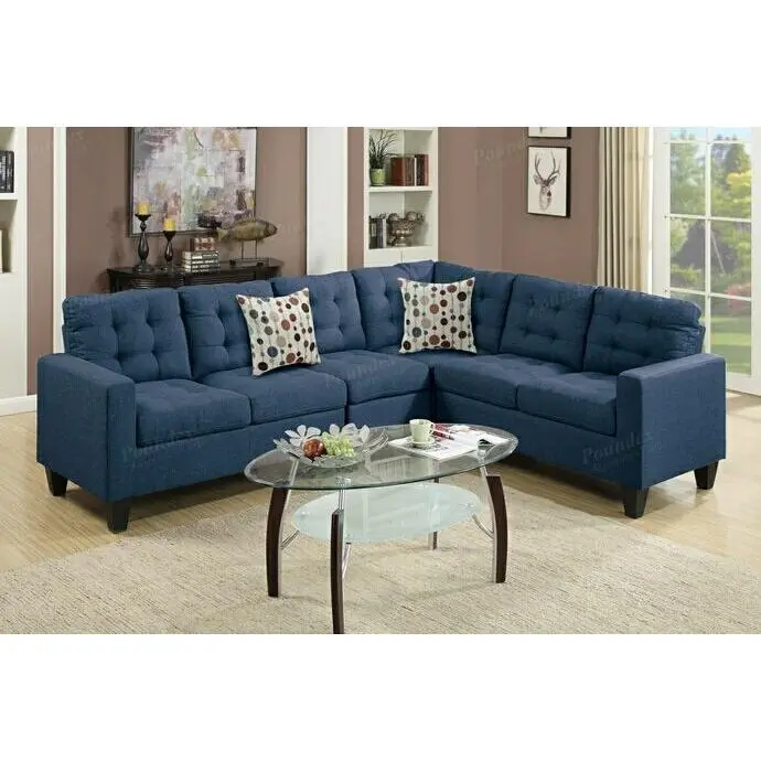 Poundex F6938 4-Pc Navy Polyfiber Faux Linen Upholstered Modular Sectional Sofa - Tufted Seat & Back, Comfy Furniture for Modern Living Room Lounge Interior Design
