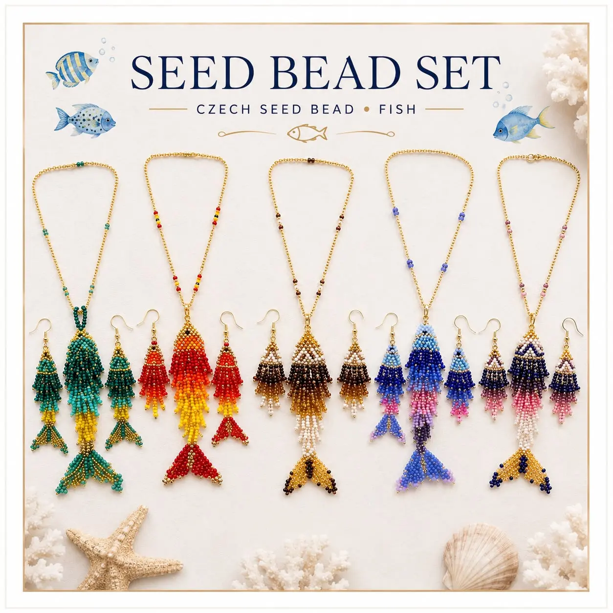 HANDMADE CZECH SEED BEAD FISH JEWELRY SET
