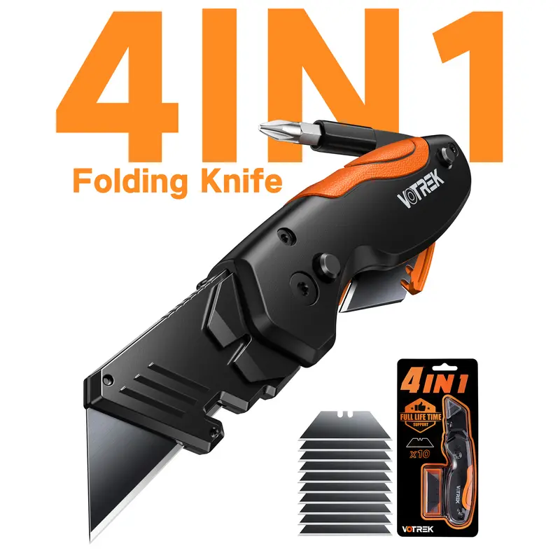 【4-in-1】Foldable Utility Knife - Mini Multi-Tool Box Cutter with Screwdriver, Quick-Change Blade Design, Belt Clip & Built-in Blade Storage, Single-Edge Folding Utility Knife, Includes 10 Extra SK5 Blades, Gift for Fathers,toolupgrade