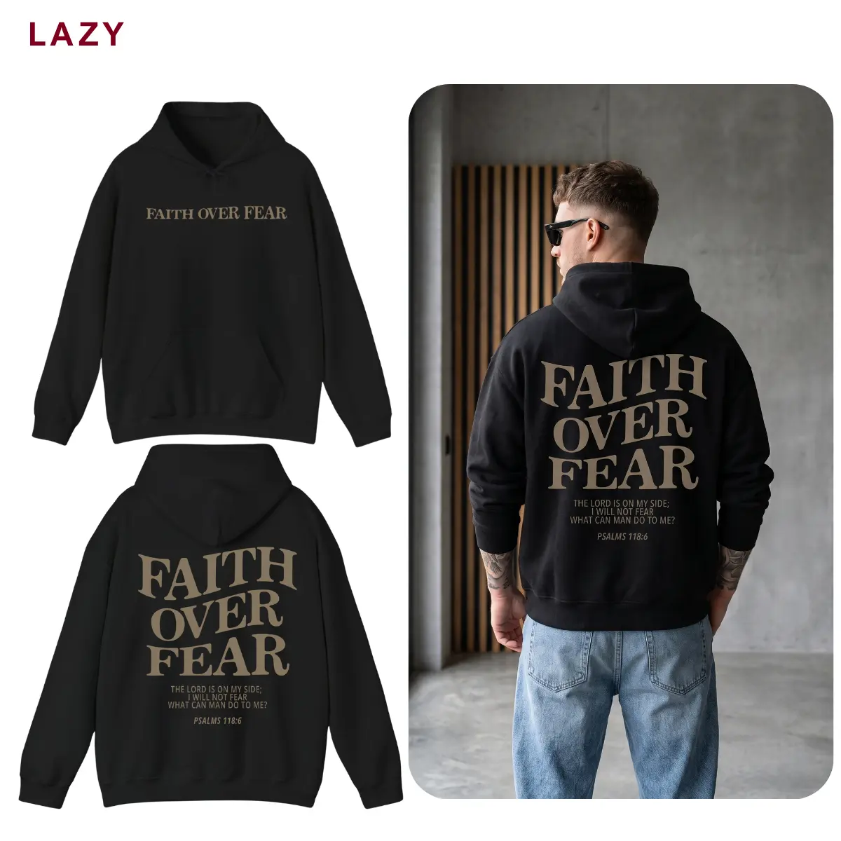 Faith Over Fear Unisex Hoodie, Christian 2-Sided Pullover, Psalms 118:6 Bible Verse Hoodie, Religious Graphic Sweatshirt, Faith Apparel