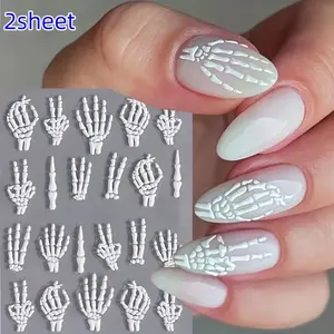 Halloween Nail Art Stickers, Self-Adhesive Skull Design Skeleton, DIY Holiday Decoration, Flash Effect, 5D Embossed, Set of 2 Sheets