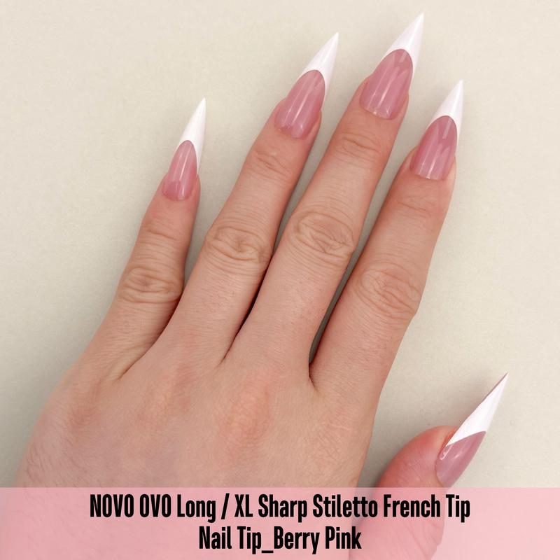 NOVO OVO White French Tip Long XL Sharp Stiletto Nail Tips Press on BERRY PINK,Soft Gel Double Matte Fake Nail Extension, Full Cover False Nails for Acrylic DIY x 16 Sizes 160 pcs【 NO GLUE TOP COAT AND LAMP INCLUDED】