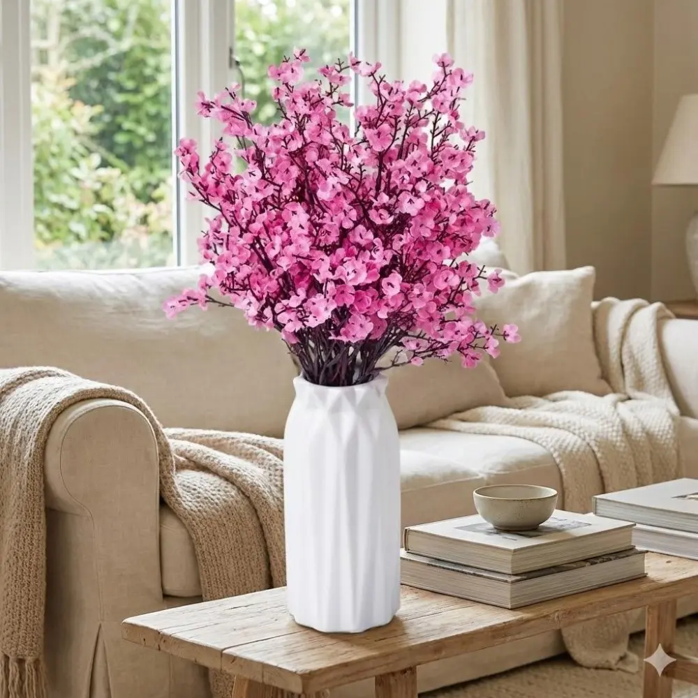Simulated Cherry Blossom & Baby's Breath Bouquet: Bohemian Dried Flower Arrangement. High-Quality Silk, Fade-Resistant, Low-Maintenance. Perfect for Living Room, Bedroom, Office Decor, Weddings, and Parties. Ideal Gift for Home Aesthetic Upgrade.