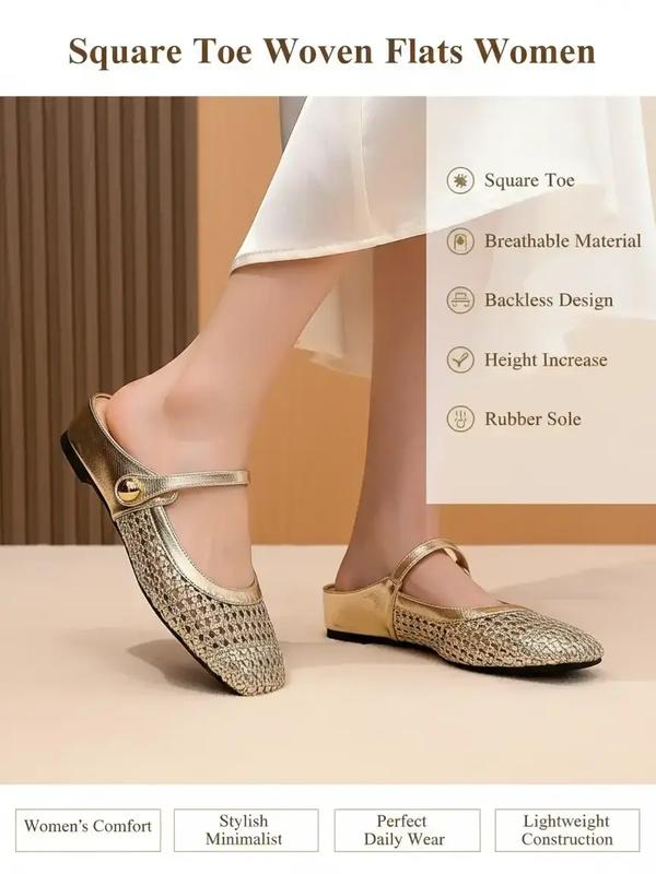 Women's Square Toe Woven Hollow Out Casual Flat Shoes, PU Leather Upper, Rubber Sole, Medium Width, All Season Fashion Sneakers