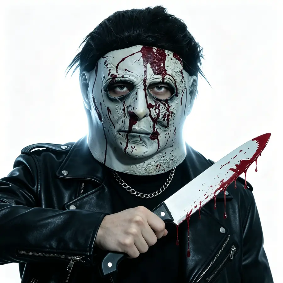 Weathered Pale Horror Slayer Costume Kit, blood-stained full head mask and fake bloody blade prop for adult dark Halloween-themed parties