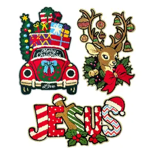 Cute Christmas Embroidered Fabric Patch Set, Includes Deer, Gift Car, Jesus Element, Festive Holiday Decorations, 3 Designs Available, Embroidery Design