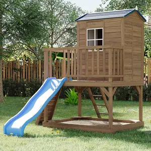 Kids Outdoor Playhouse with Sandbox 2 Story Wooden Playhouse with Slide Elevated Cedar Wooden Kids Playhouse with Step Ladder