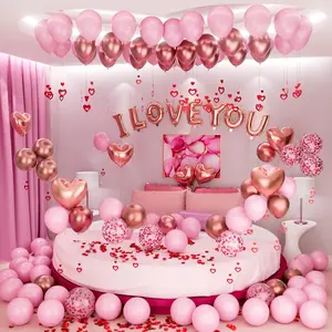 Valentine's Day Balloons Kit with Rose Gold Pink Heart, I Love You Balloon, Rose Petals for Valentine, Anniversary, Wedding, Mother's Day, Romantic Special Night Decorations