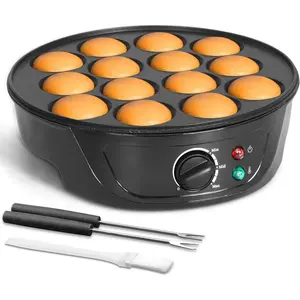 Non Stir Non-Skilled Mini Pancake Maker Machine with Browning Control, 14 Slots, Black, Mini Ebelskiver Aebleskiver Pan, and Brush & Forks Included