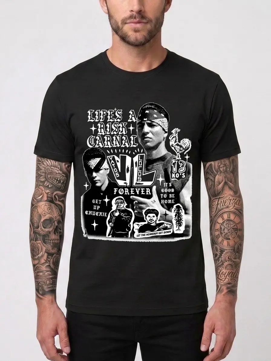 Men's Premium Cotton Short-Sleeve Round Neck Fitted T-Shirt - Streetwear Vintage Casual T-Shirt, Chicanos-Chicana Clothing, Mexican Movie-Inspired Old School Barrio Firme Tattoo Art, Lowrider OG Vibes Everyday Top, Vintage T-Shirts