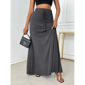 【 plus size 】 Solid color drawstring high waisted A-line slim fit skirt, elegant and fashionable casual long skirt, suitable for daily outdoor wear, all season women's clothingRAIMENTRY