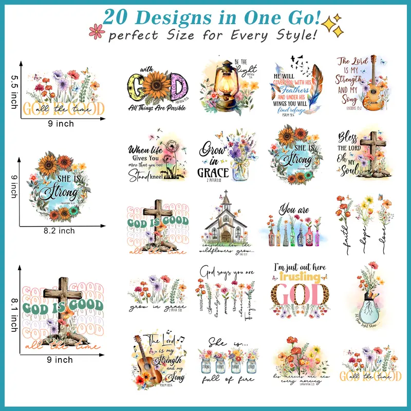 20 Sheets Iron on Transfers, CherryBlossom Christian DTF Transfers Ready to Press Heat Transfer Stickers Iron on Decals for T Shirts Hoodie DIY Crafts