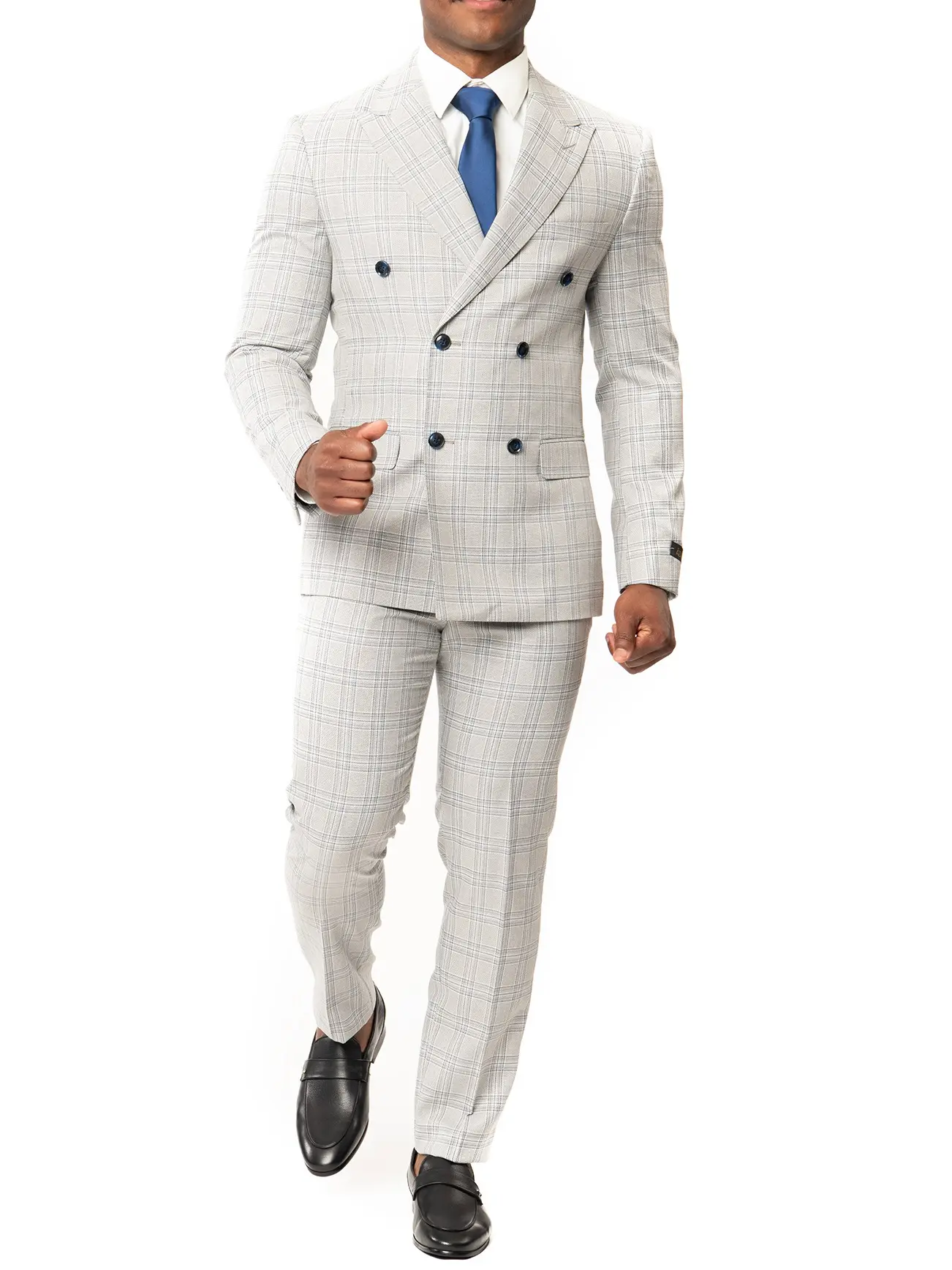 Slim Fit Plaid Chalk Grey Double Breasted Men's Suits 2 Button Wide Peak Lapel AZARMAN
