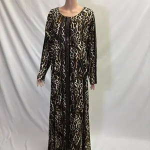 Cheetah Print Maxi Long Sleeve Dress with Pockets Glitter and Rhinestones Design for Stylish Wear