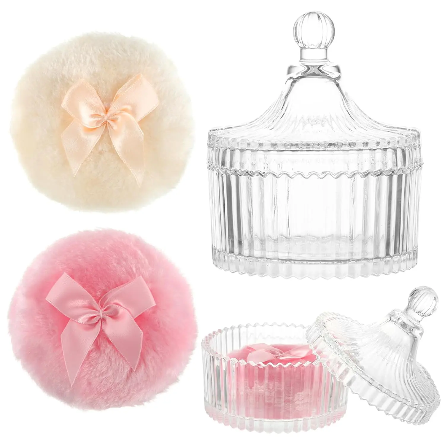 3 PCS Large Soft Velour Powder Puff & Crystal Container Set - 2 Pcs 3.54 in Reusable Washable Puffs, Wet-Dry Use for Face & Body Glitter Makeup, Valentine's Day Gift (Beauty & Personal Care)