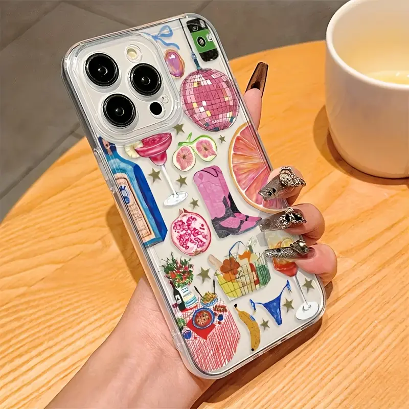 Transparent TPU Shockproof Multi-Model Phone Case with Festive Tropical Fruit Colorful Art Patterns, Fits iPhone 17 Air/16 Plus/15 Pro Max/14 Pro/13/12/11/XS Max/X, Ideal Festival Gift TMTSY10