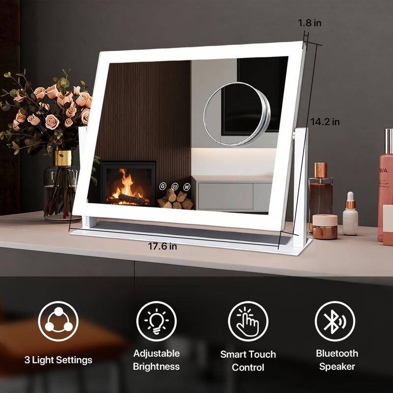 GLITGATE Vanity Mirror with Lights, LED Makeup Mirror with Dimmable 3 Color Modes, Touch Screen Control Vanity Based Mirror Desk Mirror Square White