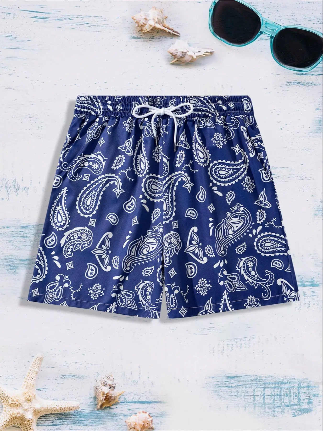 Men's Regular Fit Paisley Print Drawstring Waist Beach Shorts, Casual Comfy Lightweight Beach Shorts for Summer, Men's Shorts for Beach Vacation, Paisley Print Trunks, Lightweight Beach Trunks, Printed Trunks