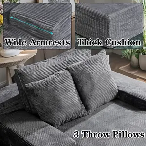 Modern Corduroy Sectional Sofa Chaise, Grey L-Shaped Couch with Storage Pouch, 66.9x48.2 Inch Comfortable Lounge for Living Room, No Assembly Required, Includes Throw Pillows