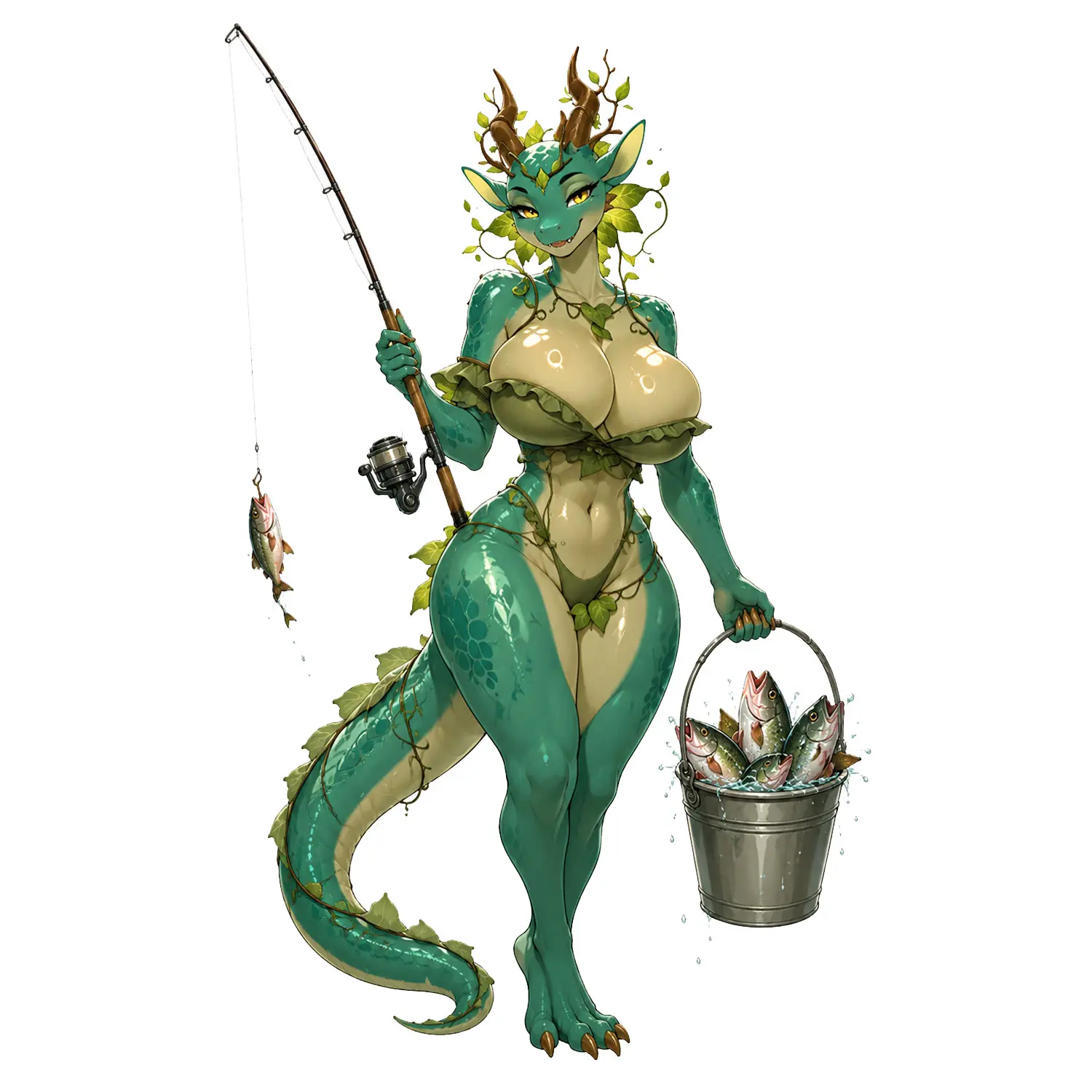 Fantasy Dragon Fishing Sticker, Green Forest Creature Holding Fishing Rod and Fresh Catch Bucket, Outdoor Angler Decal for Laptop, Tumbler, Car or Gear
