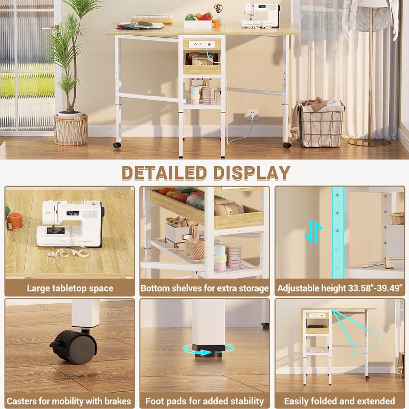 Height Adjustable Folding Sewing Cutting Table with Charging Station 50 Inch Storage Craft Table for Sewing Room & Craft Room