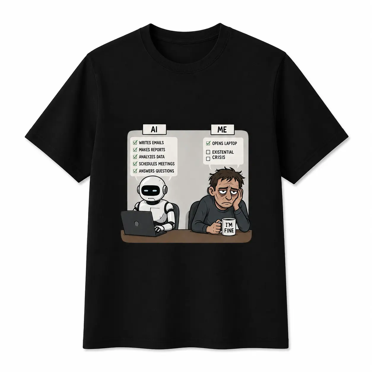 AI Work Humor T-Shirt for Men Women | Funny Robot Office Graphic Tee, Human vs AI Meme Gift Top