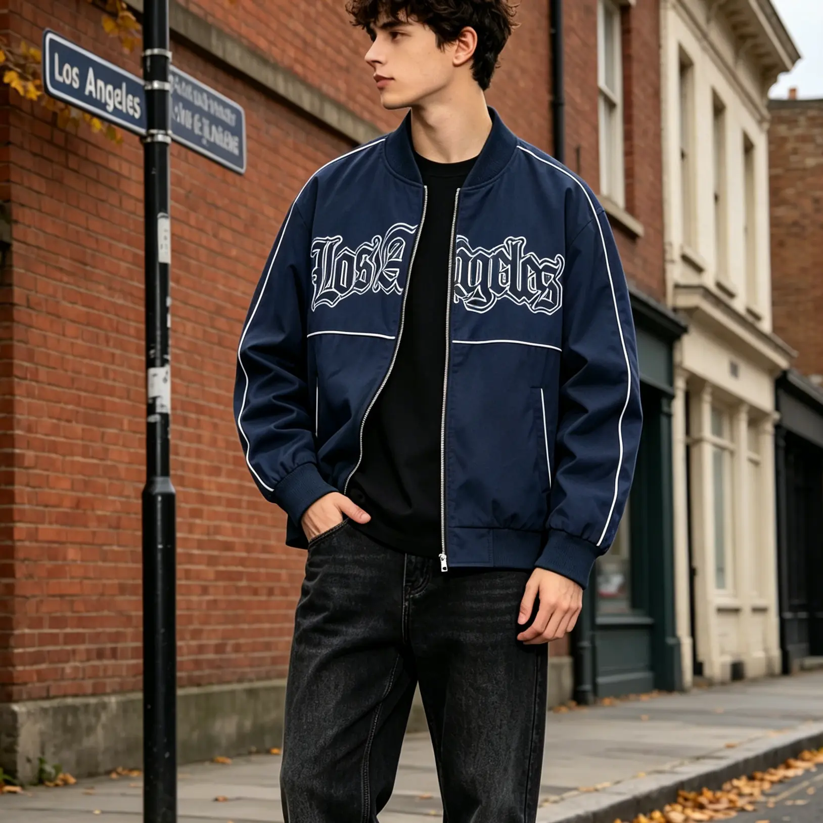 Men Vintage Los Angeles Gothic Letter Embroidery Bomber Jacket Dark Blue Zip Up Baseball Coat Loose Oversized Fall Winter Streetwear Outerwear For Daily Outing green army blazers