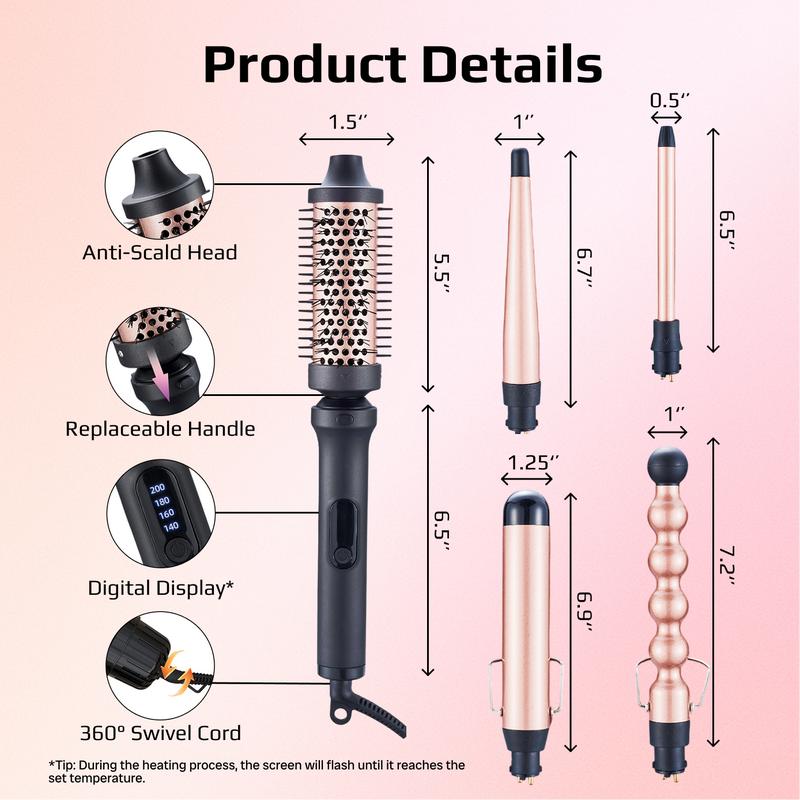 5‑in‑1 Curling Wand Set with Thermal Brush, Interchangeable Ceramic Curling Barrels 0.5” 1” 1.25”, Tapered & Bubble Curling Wand, Instant Heat Curling Iron, Blowout Brush Styling Tool for Loose Waves, Tight Curls, Volume, Bangs, Rose Gold