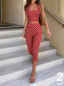 TikTok Viral 2026 Women's  Polka Dot 2 Piece Outfit Sets，Halter Neck Ruched Crop Top + High Waisted Capri Leggings - Y2K Retro Aesthetic Streetwear，Daily Wear, Brunch, Casual Outings, Vacation - Trendy Summer Outfits for Teen Girls & Young Women