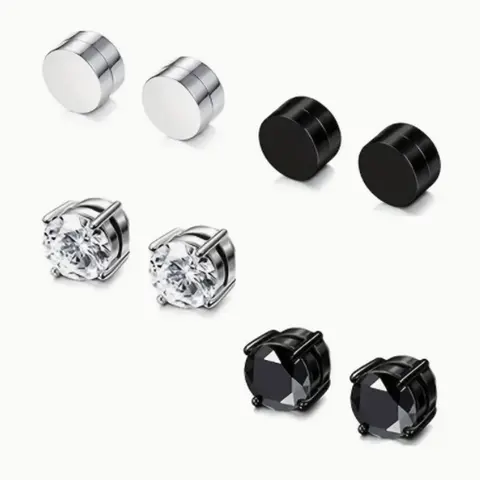 Men's Non-Piercing Clip-On Magnetic Earrings - Punk Aesthetic Zircon Silver-Black Perforated Ear Accessories, Fashion Men's Jewelry, Gift-Ready Set for Adults