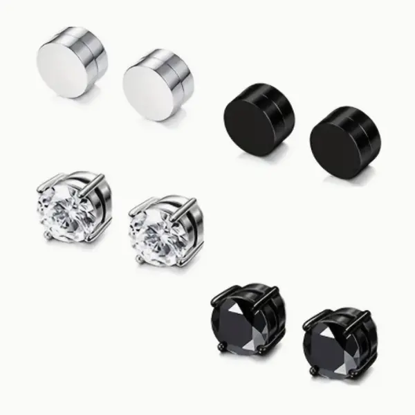 Men's Non-Piercing Clip-On Magnetic Earrings - Punk Aesthetic Zircon Silver-Black Perforated Ear Accessories, Fashion Men's Jewelry, Gift-Ready Set for Adults