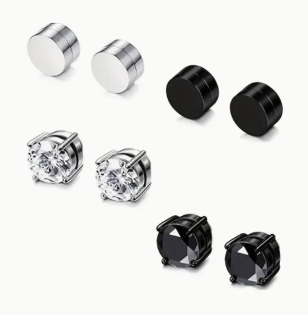 {Comfort Earrings} Magnetic Men's Perforated Ear Clips, Fashion Style Zircon Magnetic Ear Clips, Silver and Black Punk False Ear Clips