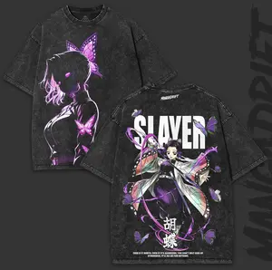Shinobu Demon Slayer Oversized Vintage Washed Tee 260GSM Heavy Cotton | Butterfly Breathing Collector Drop Basic Dress, 90s Graphic American Casual Short Sleeve Tee | Premium Soft Cotton Classic Unisex Crew Neck Printed T-Shirt for Daily, Gym & Streetwear