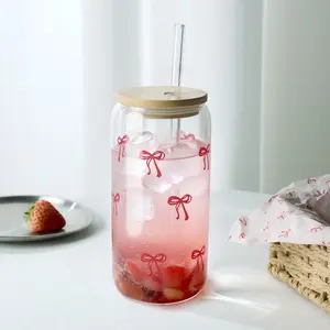 Coquette Cute Pink Bow Glass Cups with Lids and Straws, Aesthetic Iced Coffee Cup, Girly Preppy Design Tumbler Mug French Drinking Glasses Bow Cute Glass Cups, for Tea,Juice,Latte,Milk,Dessert,Stackable Glassware (pink bow) Mugs Glass Colorful