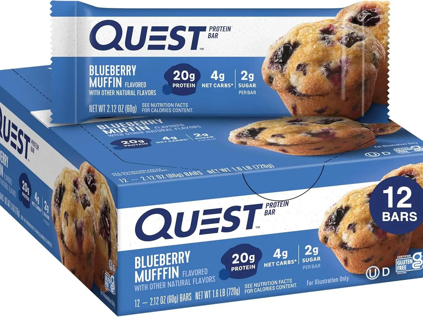 Quest Nutrition Blueberry Muffin Protein Bars, 20g Protein, 2g Sugar, 5g Net Carb, High Fiber, Gluten Free, Keto Friendly, 12 Count