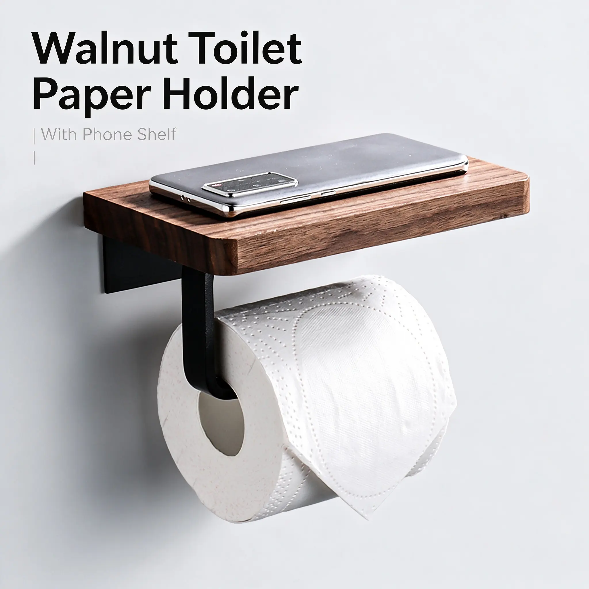 Solid Walnut Wood Toilet Roll Holder, Wall Mount Bathroom Tissue Holder, No Drill Wooden Tissue Rack for Bathroom, Powder Room & Washroom