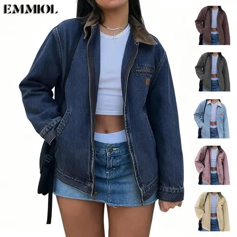 EMMIOL Barn Jean Jacket for Women Zipper 2026 Clean Fit Long Sleeve Denim Jackets Barn Jacket SohoChic Back to School