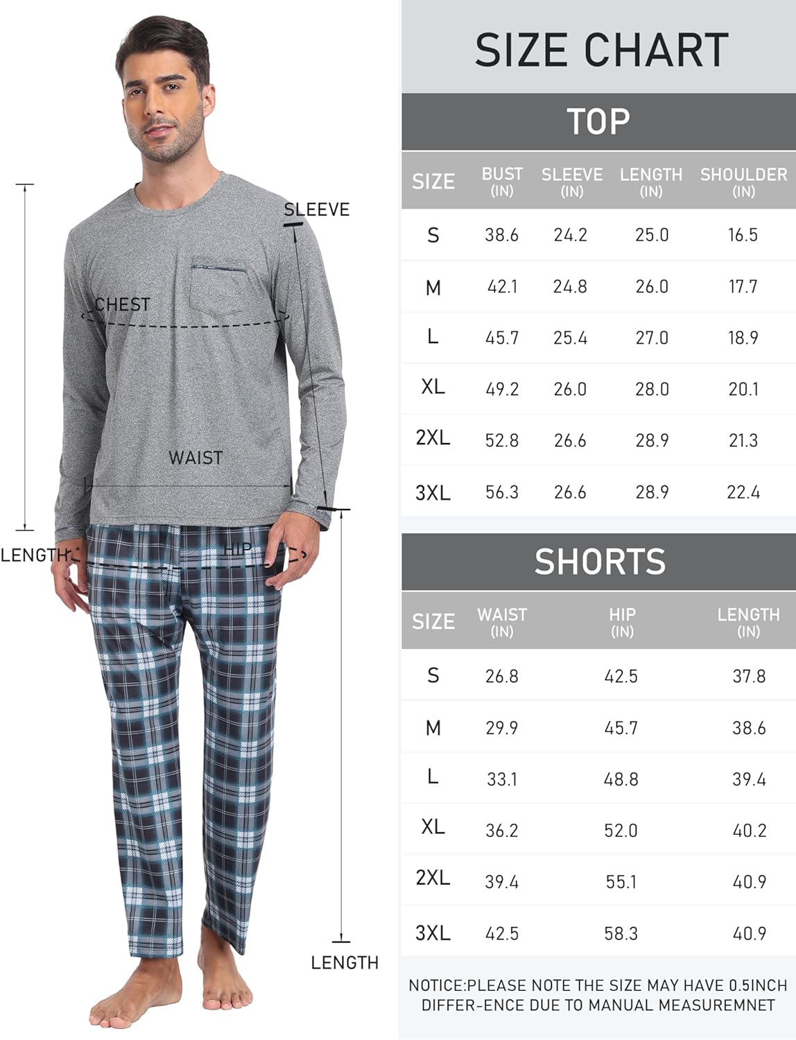 MoFiz Men's Pajamas Plaid Sets Sleepwear Long Sleeve Shirts and Pants Lightweight Soft Mens Pjs Lounge Set with Pockets