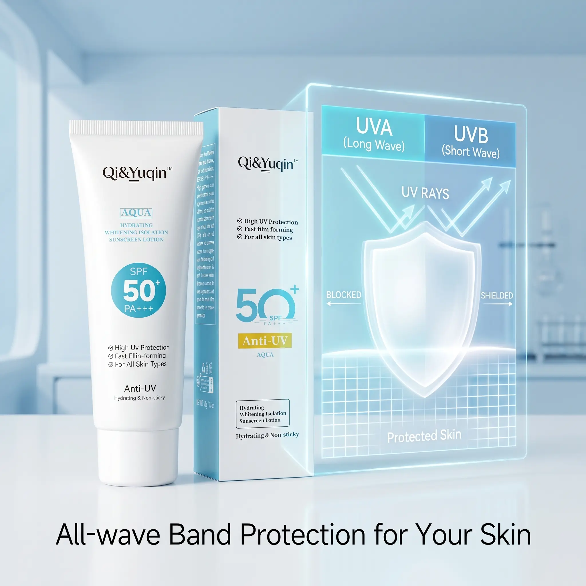 Qi&Yuqin Aqua SPF 50+ PA+++ Anti-UV Hydrating Sunscreen for All Skin Types All-wave Band Protection for Your Skin Daily