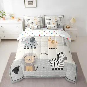 Zoo Animal 7 Piece Bedding Set Cartoon Animal Comforter Set with Sheets Wildlife Bed in a Bag with Comforter,Sheets,Pillowcases & Cushion Cover Africa Safari