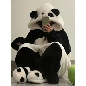 2025 1 Piece Women's Cute Panda Hoodie Pajamas - 100% Polyester Coral Fleece Pajamas, Thick Plush Robe, Cartoon Animal Costume Loungewear Clothes Fabric Nightwear Womenswear Knitting Onesies Printed Solid Gamis Homewear Pjs Long Sleeve Style Everyday