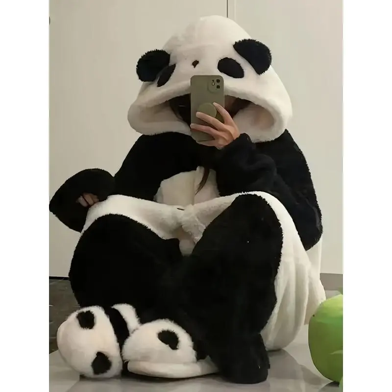 Women's Cute Panda Pajamas, Long Sleeve Hooded Animal Onesie in Plush Coral Fleece, Casual Loungewear Costume, Longsleeves