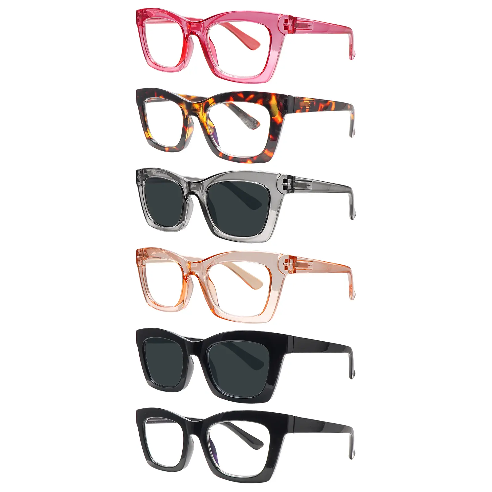 6 Packs Blue-Light-Blocking Reading Glasses for Presbyopia, featuring a wide-rimmed, square, full-frame plastic design with sturdy spring-loaded metal hinges. They help relieve eye strain and make a great gift for holidays or birthdays.