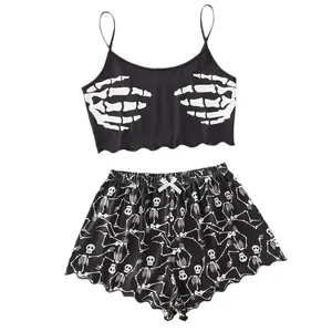 Women’s Valentine’s Day Pajama Tank Top and Shorts – Cool Cartoon Skull Print Scalloped Camisole Tank Top and Shorts Loungewear Set (S/L)