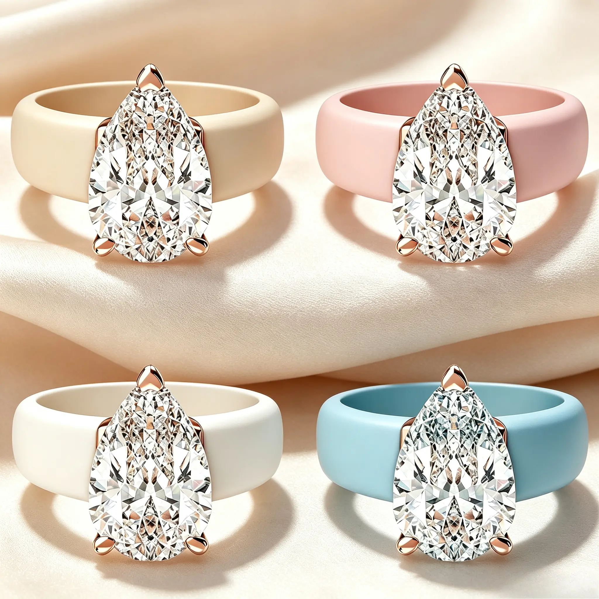 Best Birthday & Anniversary Gift For Her 4 Pastel Color Pear Cut Cubic Zirconia Ring Wide Soft Silicone Band Stackable Fashion Statement Jewelry For Women