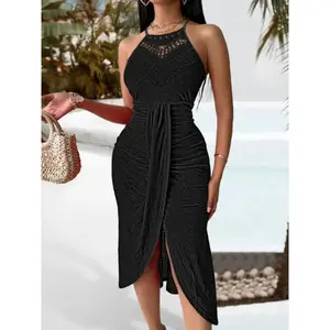 Women's Plain Ruched Bodycon Side Slit Cami Dress, Elegant Sleeveless Dress for Party Holiday Wedding Guest, Ladies Summer Clothes