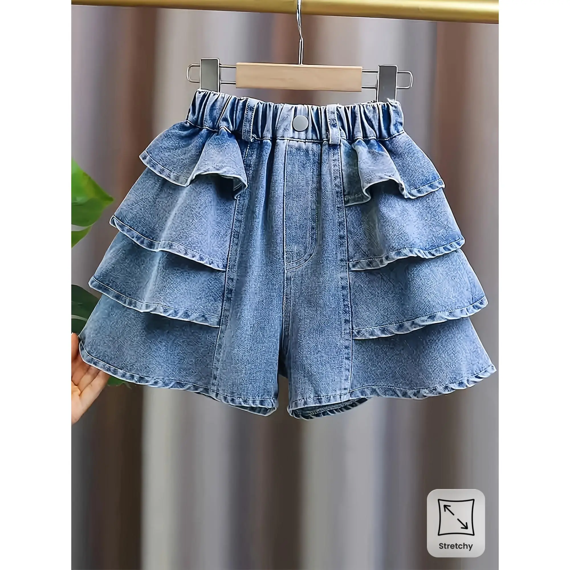 Girls' Ruffled Tiered Denim Skirt, Solid Viscose Cotton Blend Bottoms with a Loose Cut Umbrella Silhouette for Casual Wear, Umbrella Skirt, Ruffled Tiers, Fashion Wear, Elastane, 13-14Y, 11-12Y, Do Not Dry Clean, 9-10Y, 18% Polyester